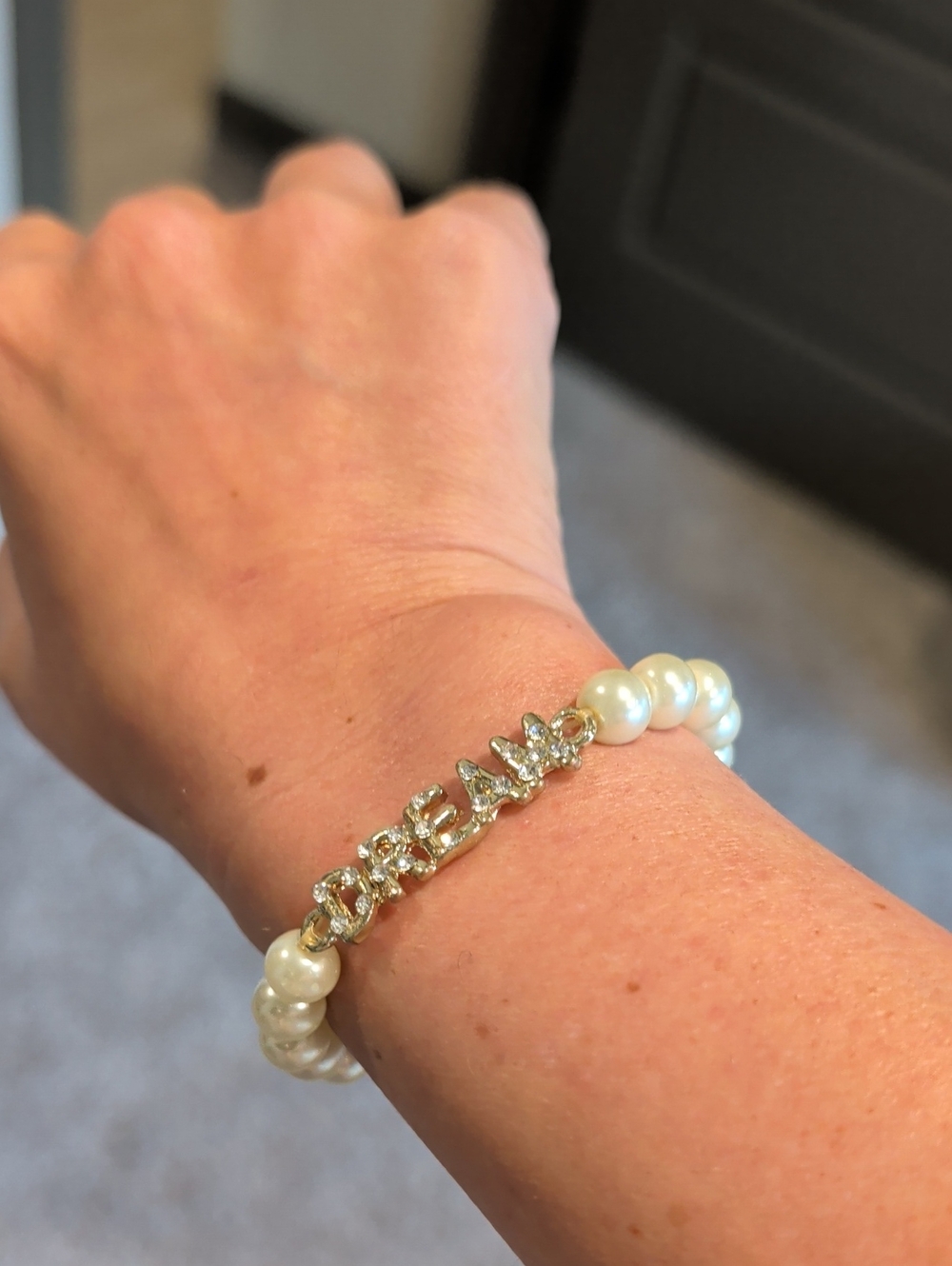 Personalized Pearl Stretch Bracelet with Gold Letter Accents - White